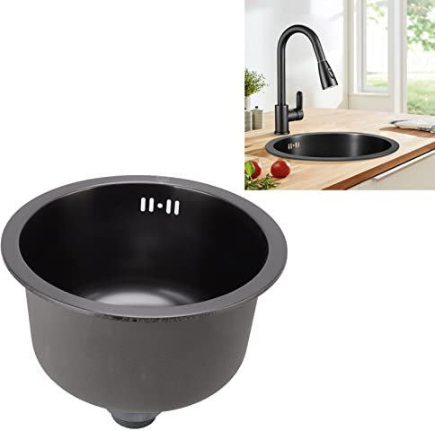Round Black Single Bowl Stainless Steel Nano Black Sink with Drain Fittings - for Outdoor Campervans, Caravans, Utility Rooms, Kitchens, Bars, Pubs
