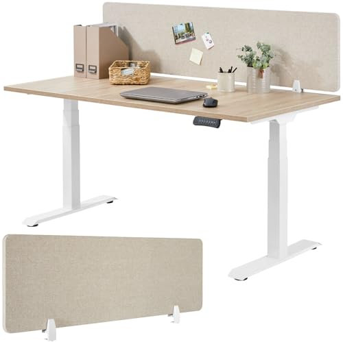 tectake® Desk Divider - Sound-Absorbing PET Plastic Core with Durable Cover, Recess for Cable Management, Rounded Edges, Easy Installation - 130x40cm Privacy Screen for Office, School & Home - Beige