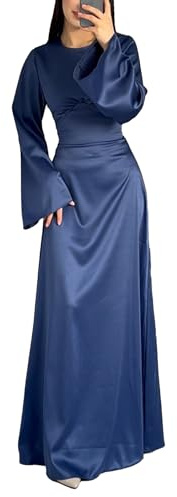 xxxiticat Langes Damen-Slip-Satin-Kleid, langärmelig, Rundhalsausschnitt, Rücken, Schnürung, Bandage, Hochzeit, Party, Maxikleider, Blau, XX-Large