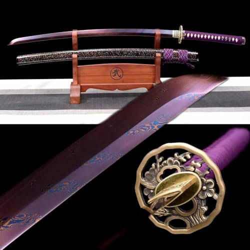 KWXPW Samurai-Schwert mit Holzscheide,Musterstahl Klinge,handgefertigtes 103cm Katana zum Sammeln,Ausstellen,Maskerade,Cosplay,Geschenk,Selbstverteidigung,Kendo