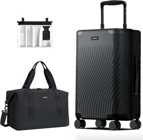 ECOHUB Leicht Handgepäck Koffer Trolley, 20'' Recyceln PC Hartschalenkoffer, 55x40x23cm Erweiterbar Reisekoffer mit 4 Rollen & TSA Schloss, 2 Teilig Rollkoffer mit 30L Handgepäck Tashe（Schwarz）