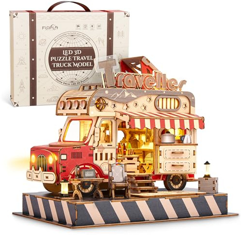 FUNPOLA 3D Holz Puzzle Reise-Truck mit LED-Ambientebeleuchtung – Dekoratives Modellbauset zum Zusammenbauen und Ausstellen für Erwachsene und Jugendliche ab 14 Jahren