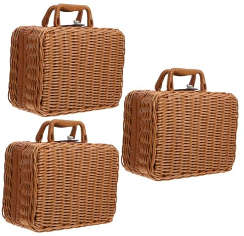 MAGICLULU 3 Piezas Cesta De Picnic Portátil Maleta Tejida Caja De Almacenamiento Estuche Retro Tejido a Mano Caso De Ratán De Simulación Cesta De Picnic De Imitación De Ratán Páginas Khaki