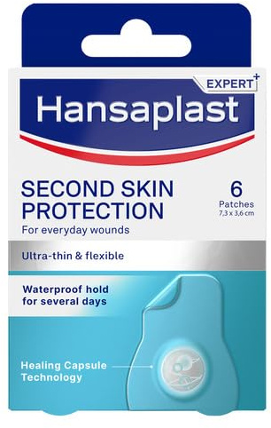 Hansaplast Second Skin Protection Apósito Avanzado, Apósito impermeable, ultrafino y flexible, Fuerte adhesión, Para aliviar el dolor y curar heridas, 6 uds.