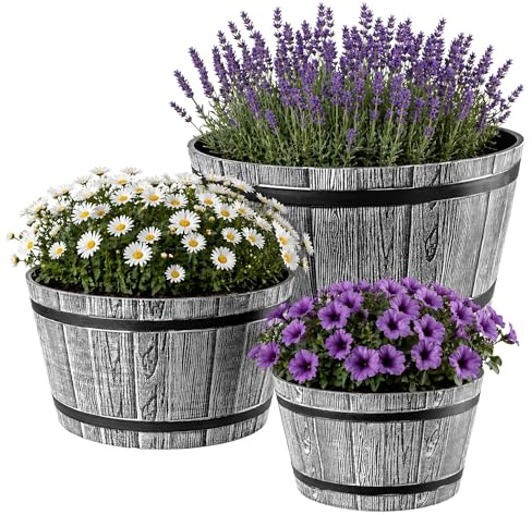 KADAX Set di 3 Vasi Ø 30 cm + 40 cm + 50 cm, in Plastica Effetto Legno per Giardino, Balcone o Terrazza, con Secchio (Grigio Chiaro, ca. 10-45L)