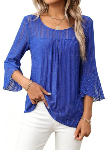 Heersan Camisas para Mujer Elegante Manga 3/4 Cuello Redondo Blusa Suelta Transpirable con Volantes Camiseta Ligera para Primavera Verano Otoño