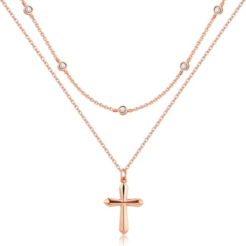 ALEXCRAFT 14K Vergoldet Layered Kette 2in1 Silber Zirkonia Halskette Damen | Verstellbares Doppel Stapelbare 2 Layered Kette mit Zirkonia Anhänger Halskette Boho Layering Schmuck Ketten Damen Frauen