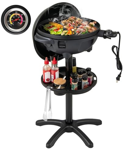CHEFJOY 1200W Electric Grill Outdoor, 2-in-1 Freestanding & Tabletop BBQ Grill w/Thermometer, Nonstick Griddle, Lid & Drip Tray, Portable Camping Grill for Patio, Backyard, Party, Black