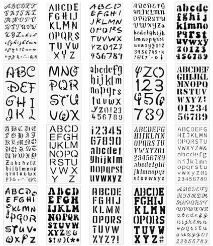 20 Stück Buchstabenschablonen zum Malen, 10,1 × 17,7 cm Schablonen Buchstaben, Wiederverwendbare Alphabet-Schablonen mit Zahlen, für Journal-Notizbuch, Tagebuch, Scrapbook-Dekorationsmalzubehör