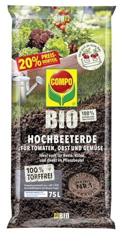 COMPO Bio Hochbeeterde 75 L, Gewächshaus, torffrei, 5 Wochen Nährstoffe | Ideale 3. Schicht im Hochbeet, hoher Humusanteil, ergiebiger Naturdünger-Mix, für Gemüse und Kräuter, 100% natürlich