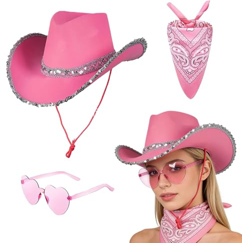 KDFSSIPE Silberrandiger Westlicher Cowboyhut, 3PCS Western Cowgirl Hut, Western Cowboyhut Set, Modische Cowboykostüm Accessoires Geeignet für Halloween Rollenspiele (Rosa)
