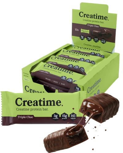 Creatime Creatine Protein Bars – High Protein, Low Sugar, Low Carb Snack with Collagen for Strength & Recovery – 15g Protein, 3g Creatine, 143 Calories – 50g x 12 (Triple Choc)