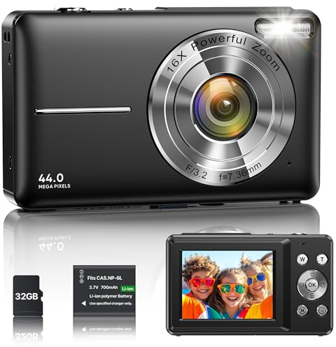 Fotocamera Digitale 1080P 44MP Macchina Fotografica Vlogging per Bambini Ragazzi, FHD Compatta Portatile con Schermo da 2,4 Zoom 16X, Mini Fotocamera Anti-Shake per Principianti Studenti-Nero