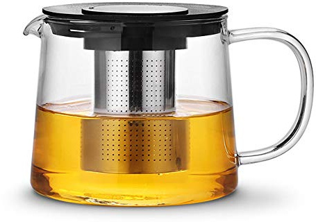 TAMUME 1000ml Boroscilicate Teiera di Vetro con Acciaio Inossidabile Setaccio e Coperchio Piatto con Serratura Design (1000ml Coperchio Blocco)