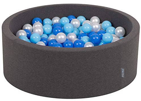 KiddyMoon OK30D-042 Bällebad 90X30cm/300 Bälle ∅ 7Cm Bällepool Mit Bunten Bällen Für Babys Kinder Rund, Dunkelgrau:Baby Blau/Blau/Perle