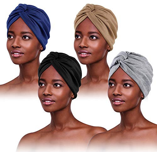 PHOGARY 4 Stücke Turban für Damen,Verknotet Turban Tuch Falten-Kopfbedeckung Damen Kopftuch Sommer Mütze Chemo Kopfbedeckung Hut Für Haarverlust Chemo Mit Blume, 4 Farben