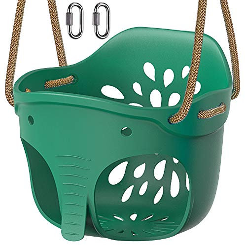 Dolibest Swing Seat, Kids Soft Plastic Bucket Swings Indoor/Outdoor Child Tree Swinging with High Back & Adjustable 130-200cm Rope for 1-3 Years Toddler/Baby, Green Elephant / 600lbs