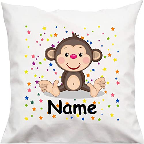 Kuschelkissen AFFE mit Wunschnamen Tiermotiv Sterne Sterne, Kinderzimmer Kuscheln, Kopfkissen Dekokissen mit Füllung, Größe 40X40cm, Farbe weiß, Samt
