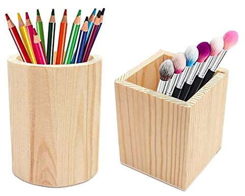 2 Stück Holz Stifthalter Container, Runder und Quadrat Holz Stifteköcher, Schreibtisch Stifthalter, Pen Pencil Cup, zur Aufbewahrung von Stiften, Stiften, Make-up-Pinseln und kleinen Gegenständen