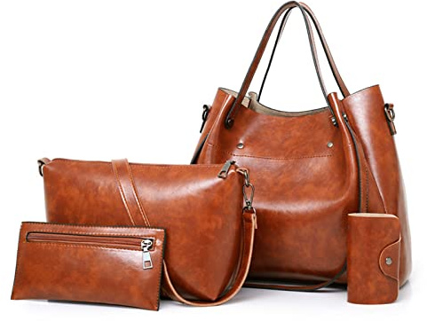 FANDARE Retro Damen-Henkeltaschen 4-teiliges Set Eimer Tasche Schultertaschen Wasserdicht Handtasche PU-Leder Umhängetaschen für Reisen Einkaufen Arbeiten Verabreden Braun
