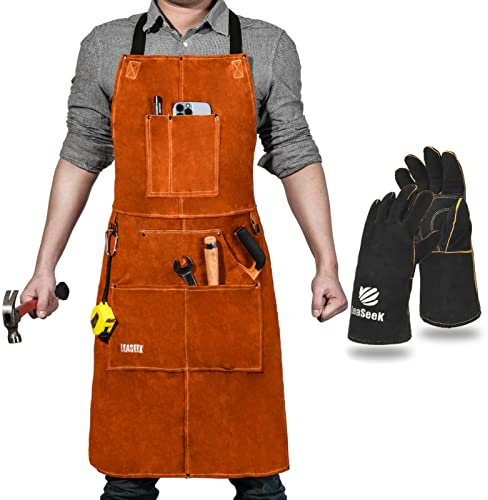 LeaSeek Grembiule per Saldatura in Pelle Bovina con 6 Tasche per lavoro degli Utensili Pesanti con filo più Forte di Kevlar Americano, Regolabile da M a XXL per Uomo e Donna