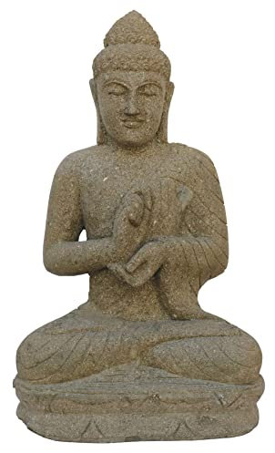STONE art & more Exklusive Buddha Figur Chakra sitzend 75cm Steinfigur Steinmetzarbeit aus Lavastein Garten Deko frostfest