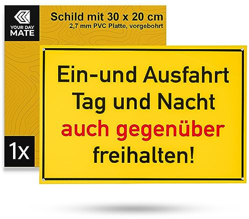 Hinweisschild Ein- und Ausfahrt auch gegenüber freihalten!, 1 Stück, 30 x 20 cm, 2,7 mm starkes PVC Schilder mit Bohrlöchern, Parken hier verboten für Innen- und Außenbereich, Parkverbot Warnhinweis