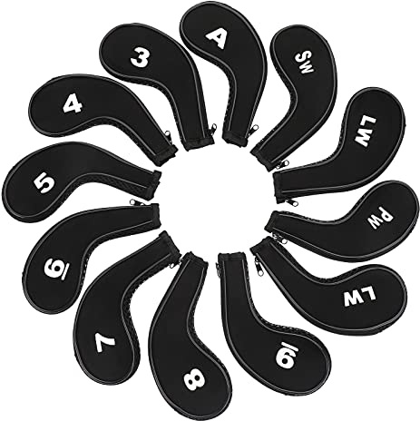 IGNPION Set mit 12 Golfschlägerhauben für Schlägerkopfe, Keilschutz, Langer Hals mit Reißverschluss (schwarz + schwarz)