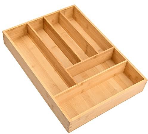 Bandeja de Cubiertos de Bambú, 43 x 30 x 6 cm Bandeja para Cubertería, Organizador de Cubiertos con 6 Compartimentos, Separador Cubiertos Cajón, Cajones de Madera para Cocina