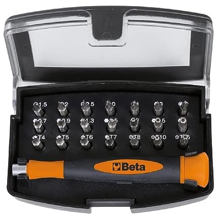 BETA - Microgiravite con 21 Inserti Intercambiabili 4 mm con Impugnatura Magnetica, Set Giravite di Precisione con Inserti Phillips Pozidriv Torx e Lama Piatta per Elettronica, BW 1256/C21-1