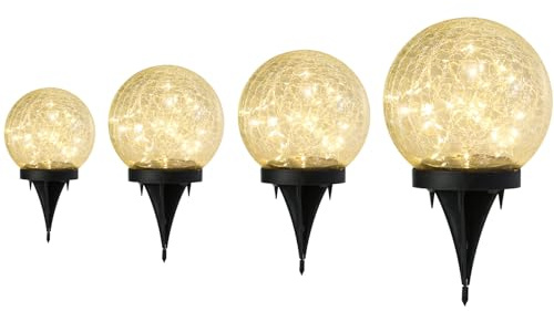 Outdoor Waterproof IP65 Solar Globe Lights, Led Solar Light Balls for Lawn Garden Patio Table Art Decoration, Yard Landscape Illuminated Cracked Glass Sphere Gazing Ball Lights, Round Ornaments Orbs