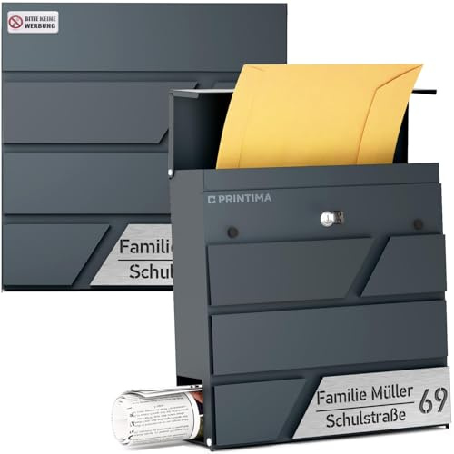 PRINTIMA Julia Personalisierter Briefkasten Anthrazit (RAL7016) mit Zeitungsfach: Wetterbeständigkeit Eleganz, mit Realistischem Vorschau auf Personalisierung, 37x37x11 cm DIN EN 13724