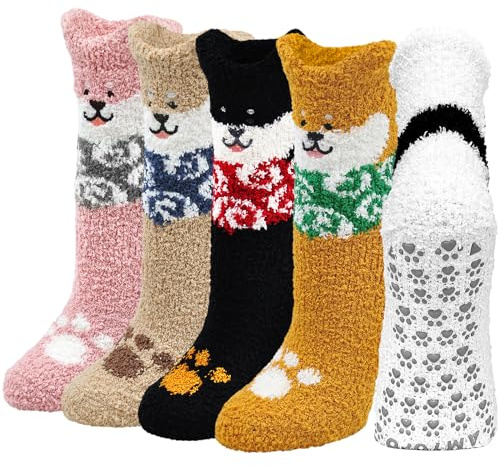 PUTUO Calzini Invernali Antiscivolo per Donna: Calze da Casa Calde Morbide Termiche per Donna Calzini con Cane Soffici Pelosi per Regalo Natale 5 Paia 35-41