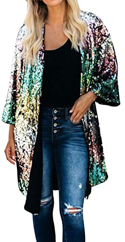 Plus Size Women's Glitter Sequins Bolero Jacket - Long Sleeve Disco Party Clubwear Open Blazer Shrug Coat