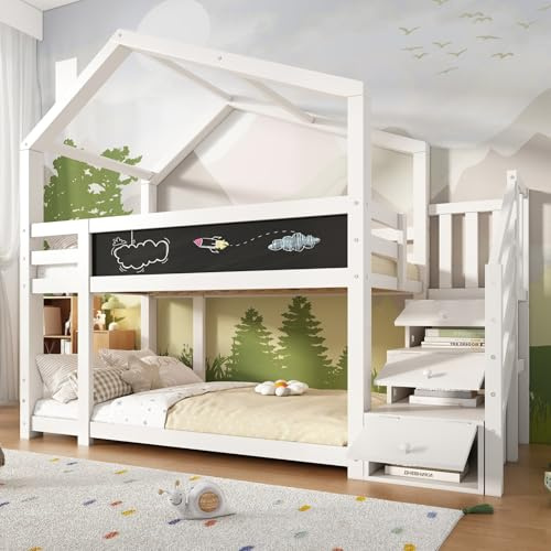KOMHTOM Lit Superposé Lit Cabane avec Escaliers de Stockage 90x200CM Lit en Bois avec Clôture de Sécurité, Cadre de Lit, Sommier à Lattes, Blanc(sans Matelas)