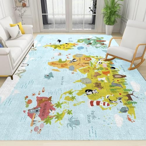 BOONGA Cartoon Farbtier Weltkarte Teppiche Gegend, 160 x 230 cm Kurzflor Kinderteppich - für Terrasse Garten, Küche, Bad oder Wohnzimmer