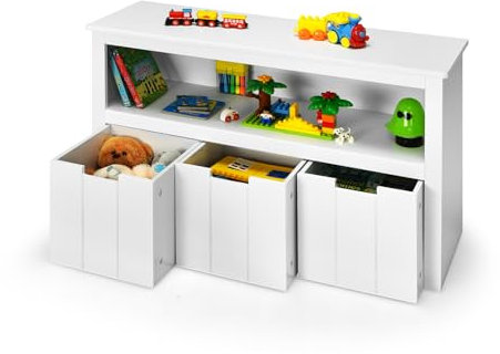 KOMFOTTEU Spielzeugschrank mit versteckten Schubladenrädern, Kinderregal mit 3 Schubladen, Kommode Beistellschrank Holz, Mehrzweckschrank Aufbewahrungsschrank für Kinderzimmer, Büro, Weiß