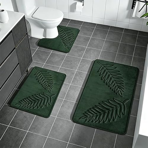 Xafrstyu Badezimmerteppich Set 3 Teilig, Duschmatte Badematte rutschfest, Weiche Badvorleger Saugfähige Duschvorleger, 40×60cm Badvorleger, 40×50cm WC Vorleger, 50×80cm Kleiner Badematten (Grün)