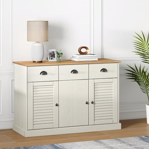 Willood Sideboard mit Schubladen VIGO 113x40x75 cm Massivholz Kiefer Weiß mit kommode breit Schrank mit schubladen küchenschrank Reichlich Stauraum