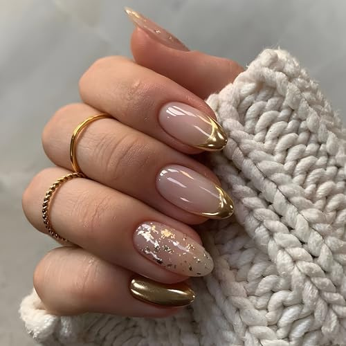 Kabwea 24 Pcs Gold Press On Nails French Tip Fake Nails,Press On Nails, NäGel Zum Aufkleben, Fake Nails, FingernäGel, KunstnäGel, KüNstliche NäGel, Nails, Nail