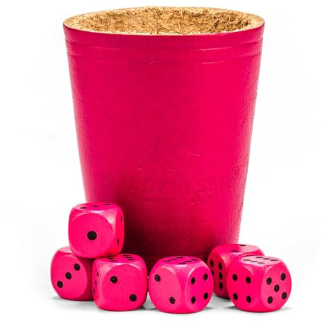 Waldfelsen® Echtleder Würfelbecher (9 cm) mit 6 Holzwürfeln (16 mm) aus Buchenholz Lederbecher Würfelset Augenwürfel Spielwürfel (Farbe: Pink)
