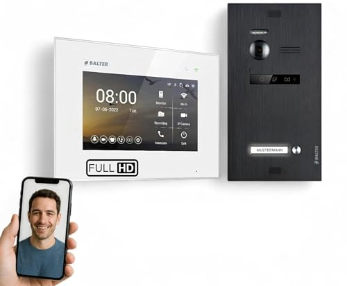 SCHUTZER Balter EVO-HD Video-Türsprechanlage für 1 Familienhaus, 7 Touchscreen Monitor 175° Weitwinkelkamera, Nachtsicht, 2-Draht-Technologie (Weiß/Schwarz mit Wi-Fi, 1 Monitor)