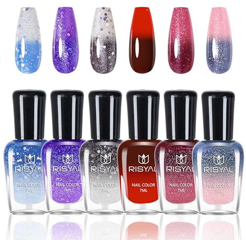 6 Farben Temperaturgesteuerter Farbwechsel Nagellack Set - Farbwechselnder Nagellack, Kein UV-Licht erforderlich Für Frauen & Mädchen DIY Nageldesigns, Rosa/Violett/Blau/Schwarz/Weiß/Rot (Colorful C)