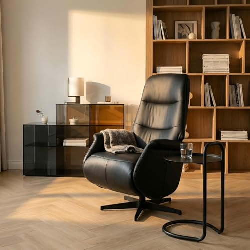 Furnhouse Delta Relaxfåtölj svart – manuellt justerbar TV-fåtölj i äkta läder med liggfunktion, 360° vridfunktion, läderöverdrag, justerbart nackstöd, ergonomisk vilstol för vardagsrum