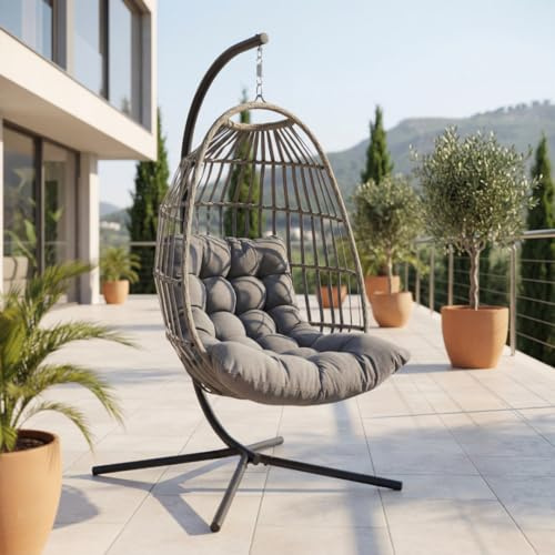 Der Hängekorb - Hängesessel mit Gestell, wetterfest inkl. Polster – Rattan Hängeschaukel für Garten & Indoor, Outdoor Schaukelsessel in Anthrazit