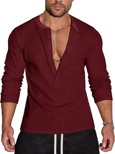Agilelin Hombres Henley Camiseta,Diseño de Gofre y 5 Botones,Shirts Cuello Redondo Manga Larga（Red/M）