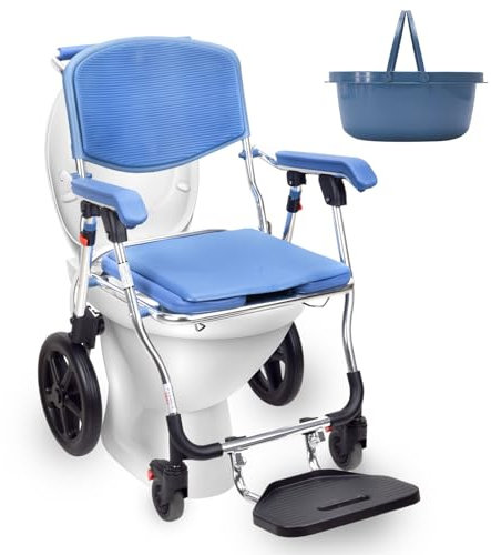 Duschstuhl mit Rollen, Duschrollstuhl, Toilettenstuhl mit Rollen, Toilettenstuhl für Senioren Fahrbar Klappbar | Toilettenrollstuhl mit Armlehne Rückenlehne, Maximale Tragfähigkeit von 150kg (Blau 3)