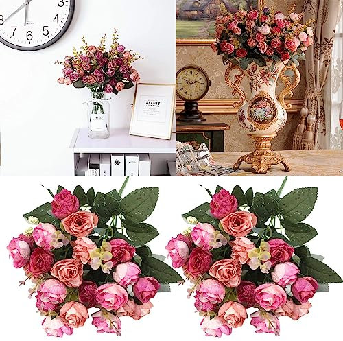 Roses Flower Leaf with Stems 21 Heads Of Roses 7 Forks Of Artificial Flowers Wedding And Home Photography Dining Table Coffee Table Decoration Photography Props 2pc (One Size)