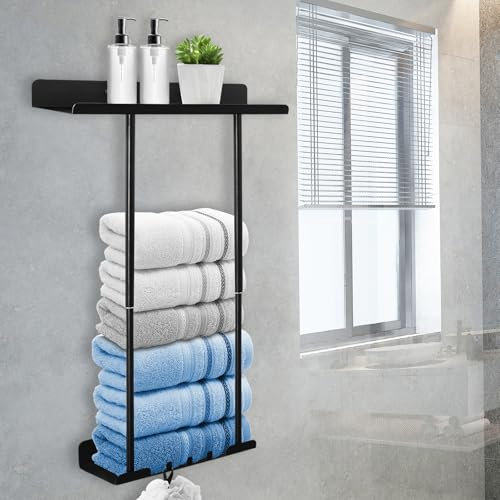 suufrue Handtuchregal ohne Bohren, 38–75 cm handtuchregal Badezimmer, Ausziehbar Handtuchregal mit Haken, Hervorragende Tragfähigkeit Rostfrei und Korrosionsbeständig, Schwarz