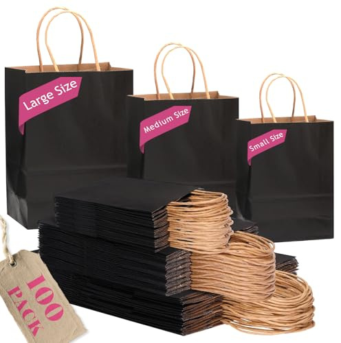 Gcardist Set med 100 svarta papperspåsar med handtag, olika storlekar (stor – 33 st, medium – 33 stycken, små – 34 stycken)